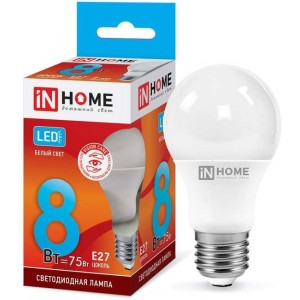 Лампа Светодиодная Энергосберегающая А60 LED 8Вт=80Вт Белый нейтральный Цоколь Е27
